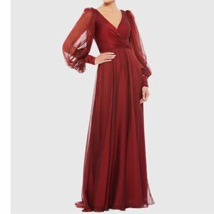Mac Duggal Deep Garnet Sheer Blouson Sleeve Surplice Gown Size 12 NEW MSRP $398